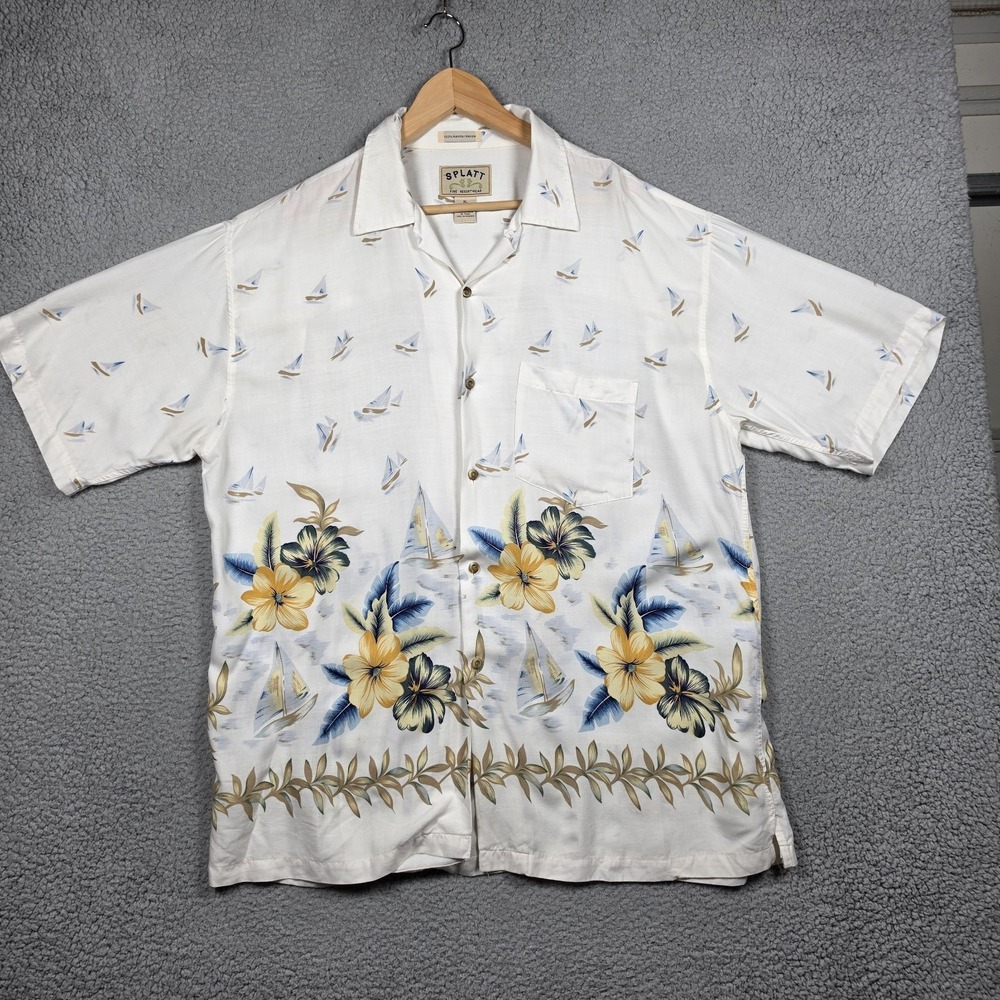 Vintage Splatt Hawaiian Shirt Mens Size XL Ivory Floral Open Collar Relaxed Fit